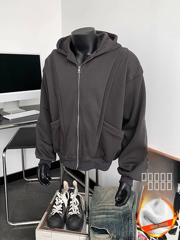 

ey Hooded Thiened Fce Winter Jaet Men's Open Cardigan Sweatirt American Retro High-End Feeling Casual Long Sve ...