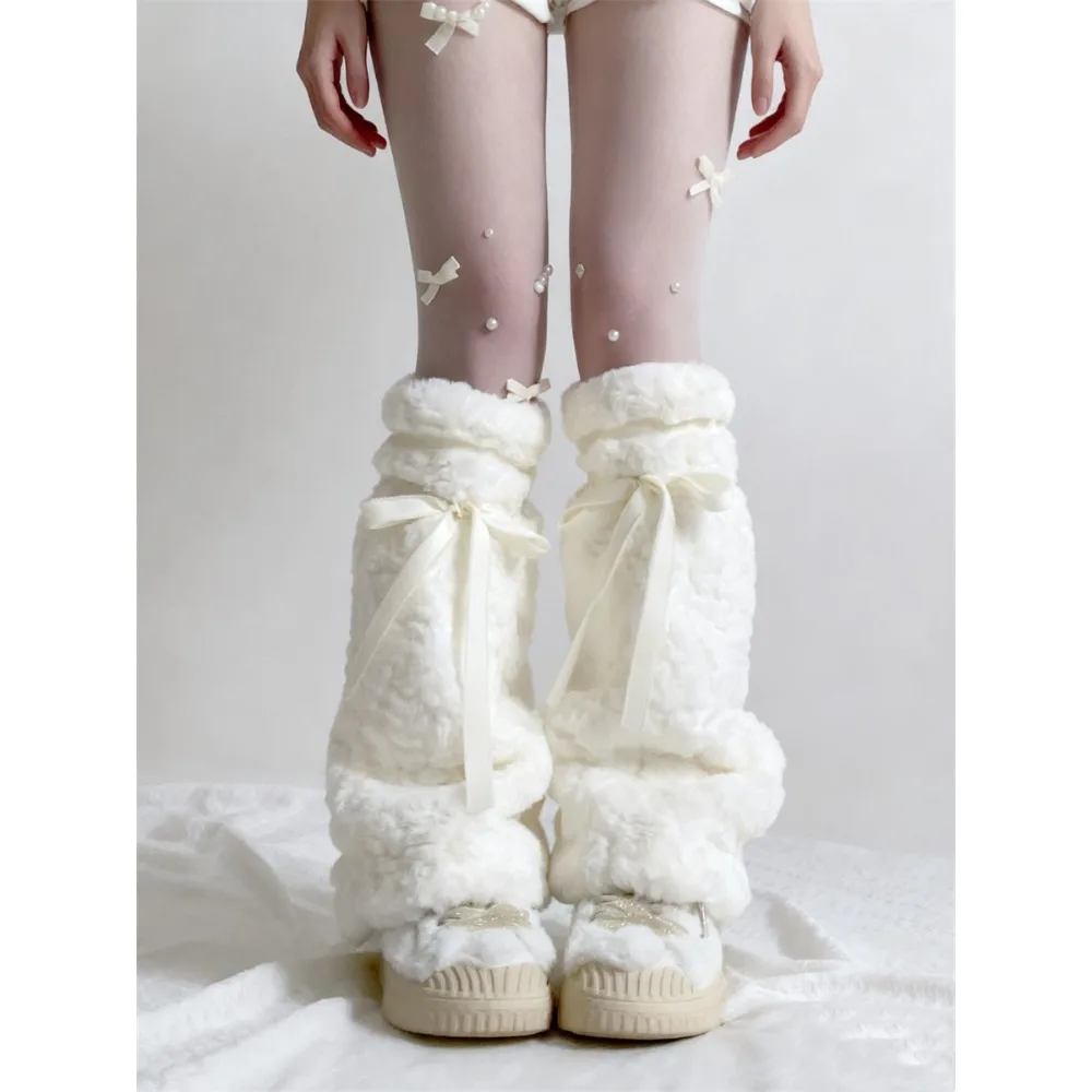 

Women Furry Plush Leg Warmers Elegant Tie-up Soft Calf Cover Boot Socks for Party Street