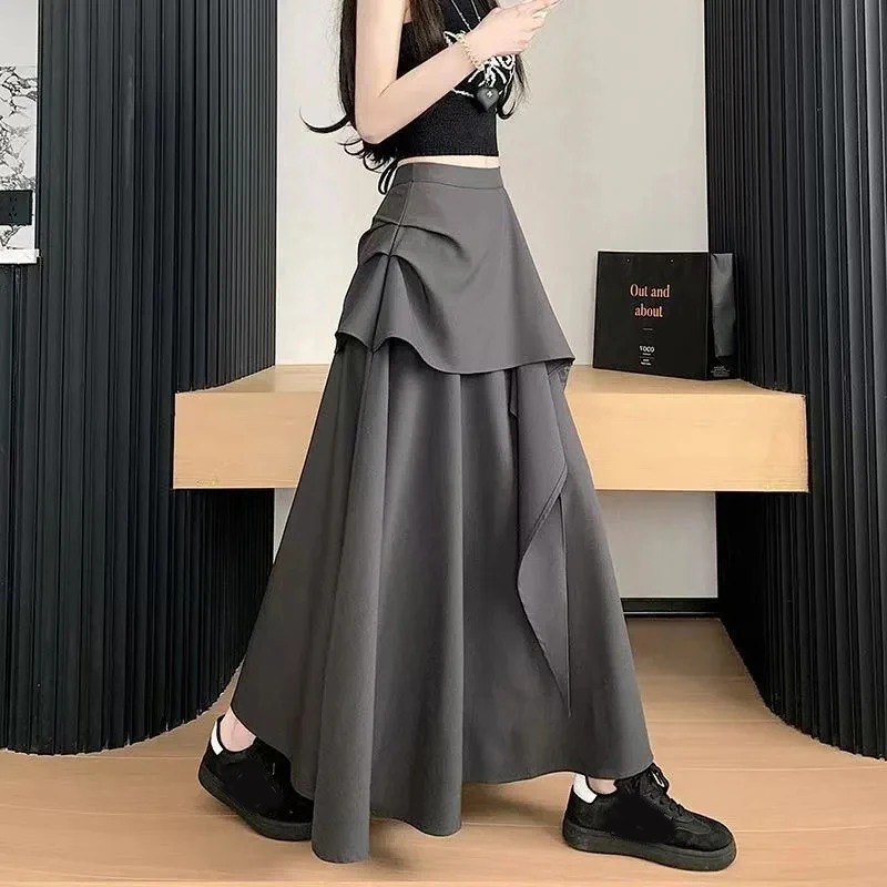 

Retro Suit Long Skirt Women Summer Ruffles Patchwork Irregular Korean Skirts Vintage High Waist Loose Office Lady Pleated Skirt