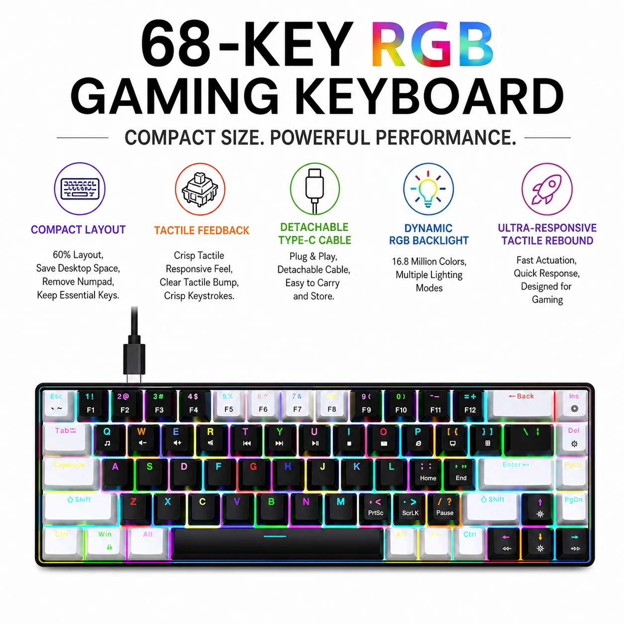 HXSJ V800RGB 68 Keys Hot‑Swappable Mechanical Gaming Keyboard 19 RGB Touch-sensitive mechanical feel, ergonomic design