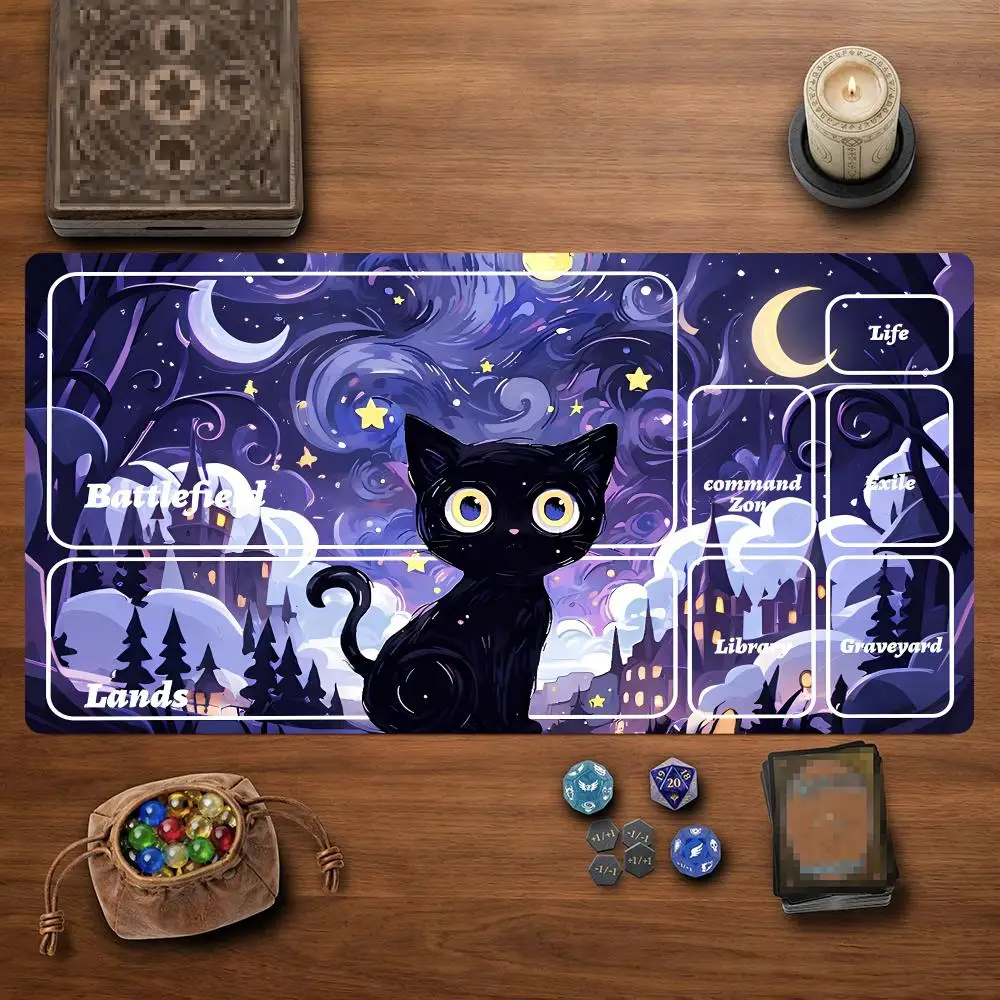 Starry Night Black Cat MTG Playmat Magic Party With Zones 600x350mm Play Mat Non‑Slip Rubber TCG Card Game Offices Desk Mats