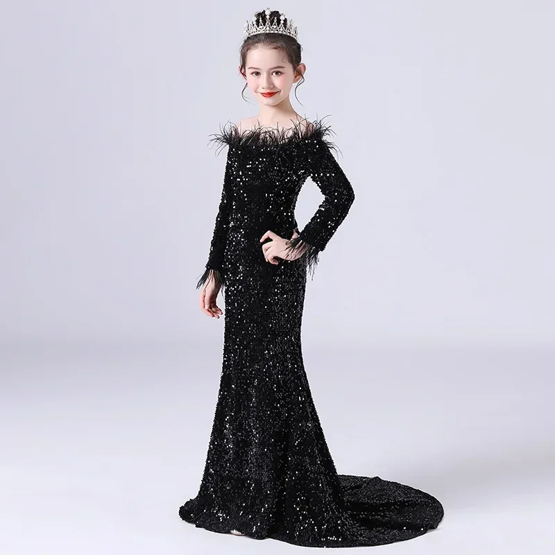 

Long Sleeve Floor Length Sequin Wedding Evening Party Maxi Dresses Child Girl Black Gown Strapless Off Shoulder Backless