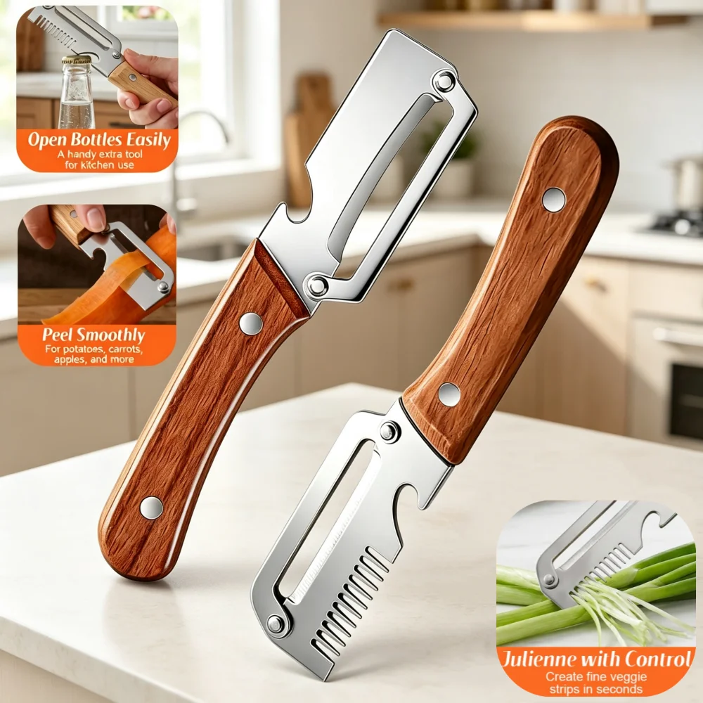 Multi Functional Vegetable Peeler Stainless Steel With Wooden Handle Fruit Potato Slicer Bottle Opener Kitchen Peeling Tools