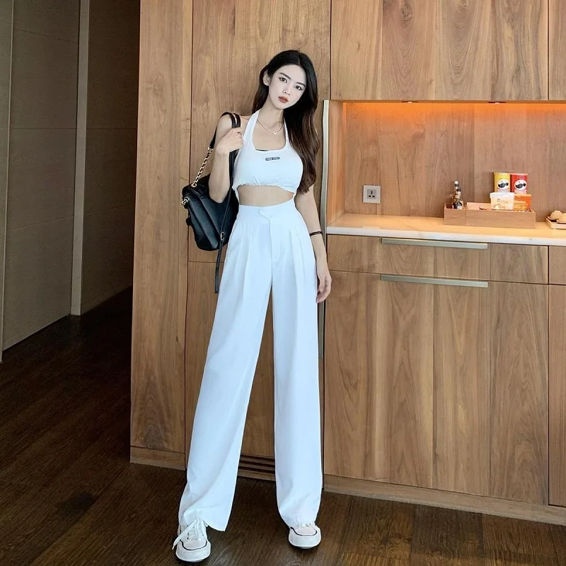 Women\'s Summer Casual Wide Leg Pants Button Slim Straight Leg Long Trousers Elastic High Waist Suit Pants Versatile For Women