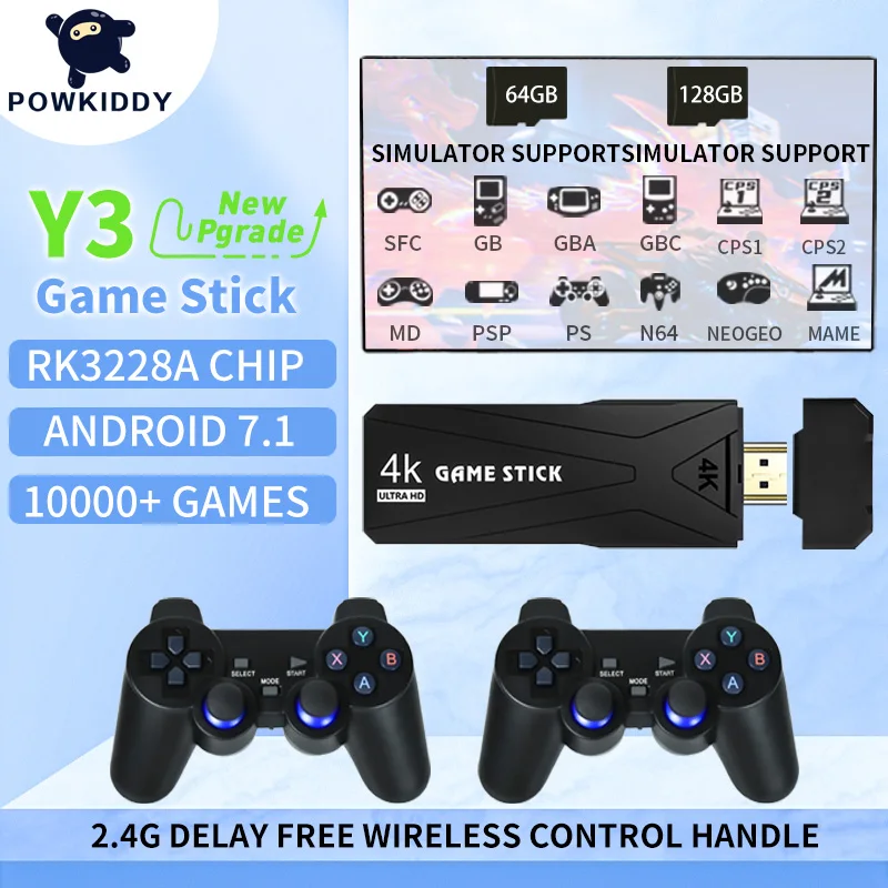 

Игровая приставка Powkiddy Y3 4K HD 2,4G, Беспроводная игровая ТВ-приставка, 3D Ретро игры, PS1, поддержка мультиплеера, онлайн-игры, подарок для детей