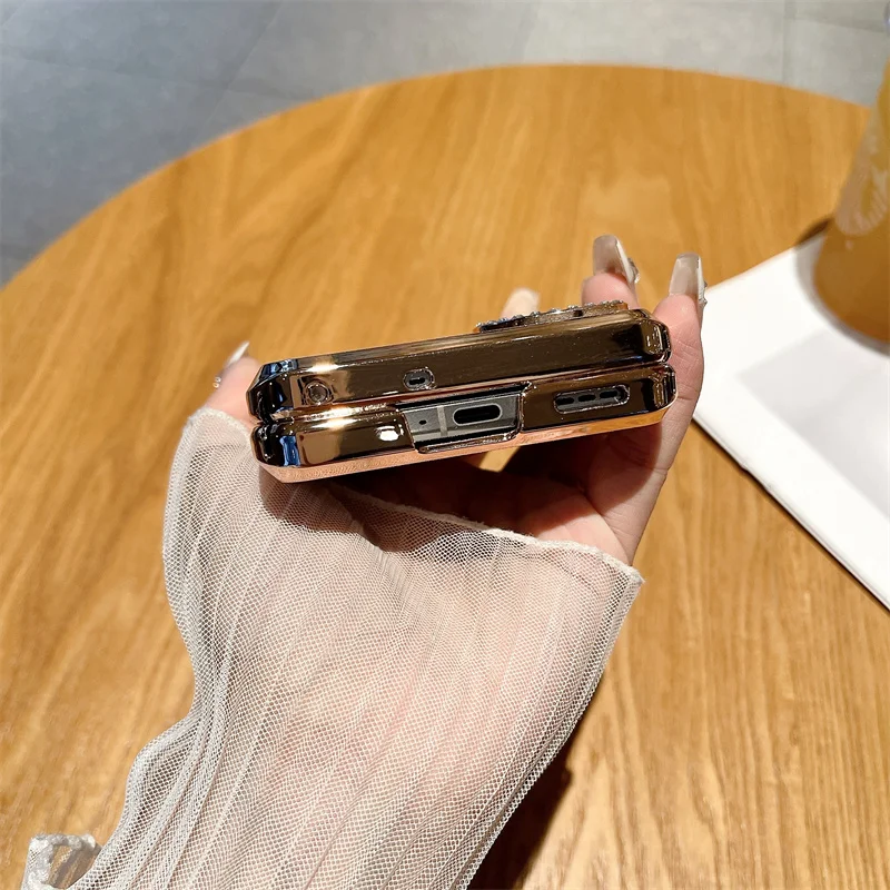 Phone Case For OPPO Find N3 Flip Rhinestone Camera Edge Glitter Trim With Ring Electroplated Plastic Back Cover