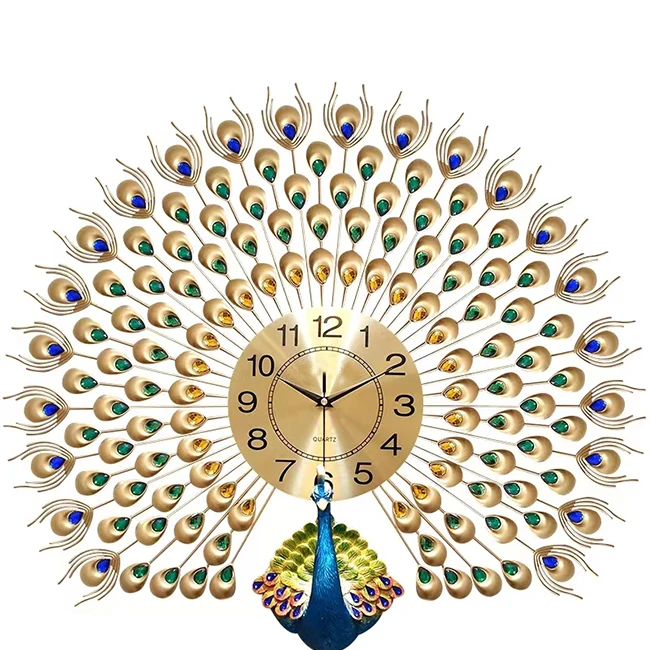 

70*65cm Manufacturer Factory Price Light Luxury Peacock Shape Wall Clocks Large Gold Home Decor Hanging Watch For Living Room