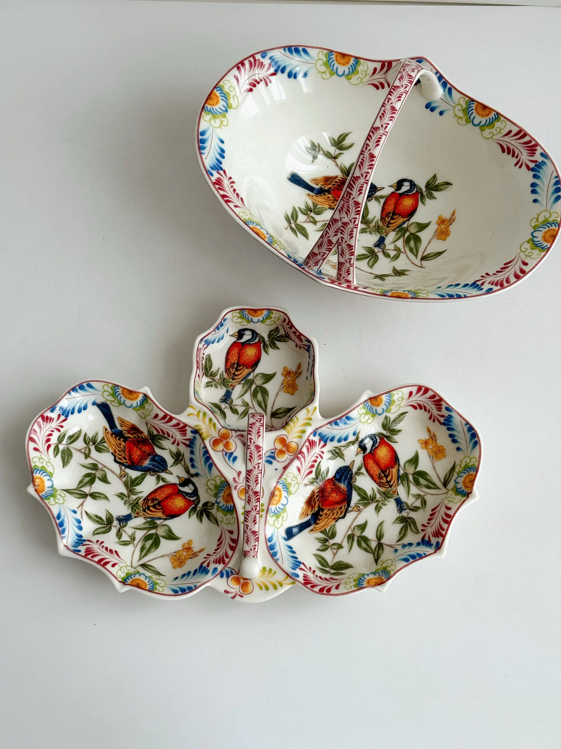 Nature  Birds Chirping  Flowers Fragrance  Blue Tits Glaze Medium Color Ceramic Flower Basket Three-grid Plate