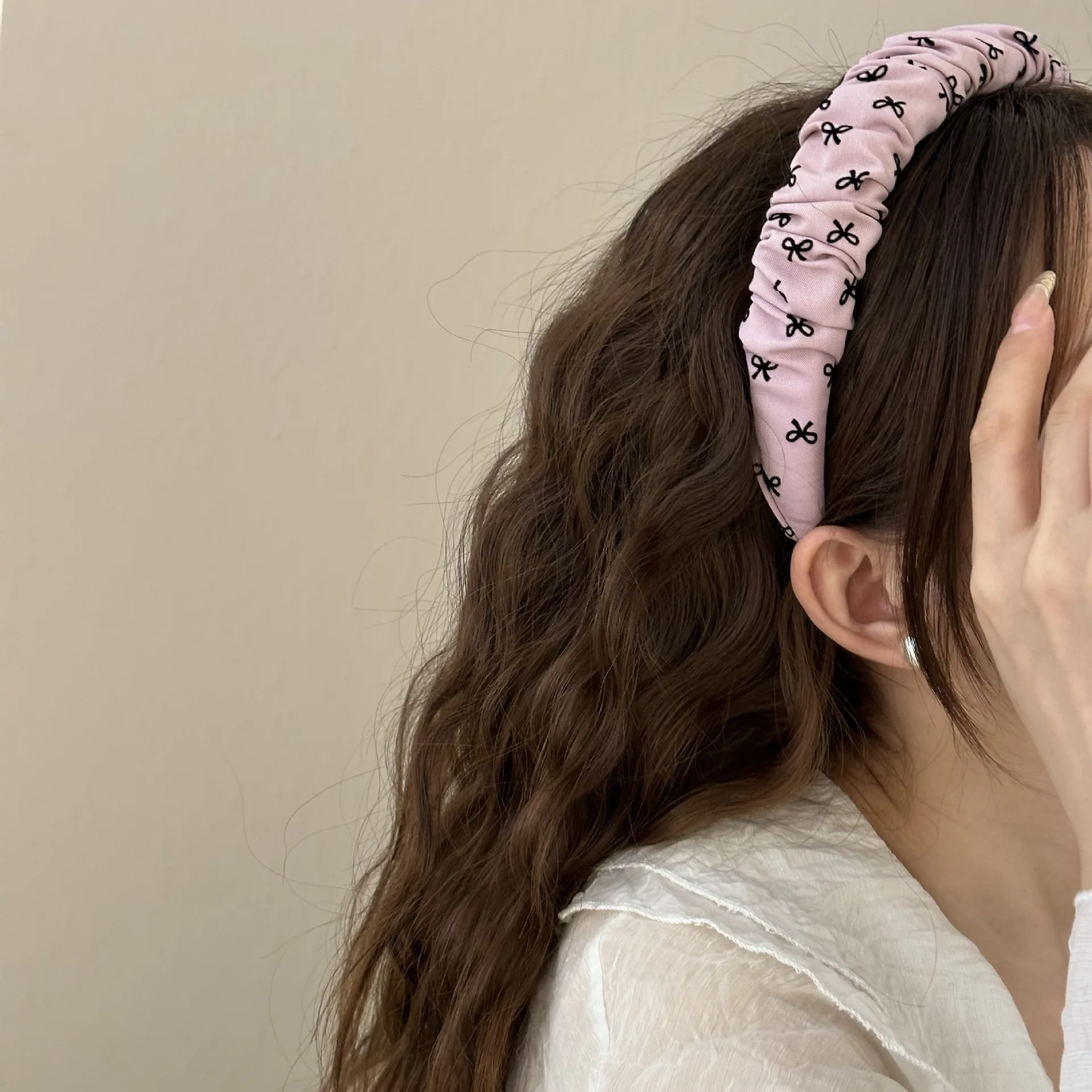 

Polka Dot Bow Headband Pink Gray Pleated Fabric Headband Sweet Cute Elegant Headband Women Versatile Hair Styling Accessories