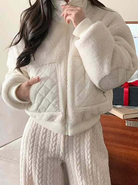 

Стильное зимнее женское пальто из хлопка с воротником-стойкой, в стиле пэчворк, с узором «ромб», из овечьей вельветовой ткани