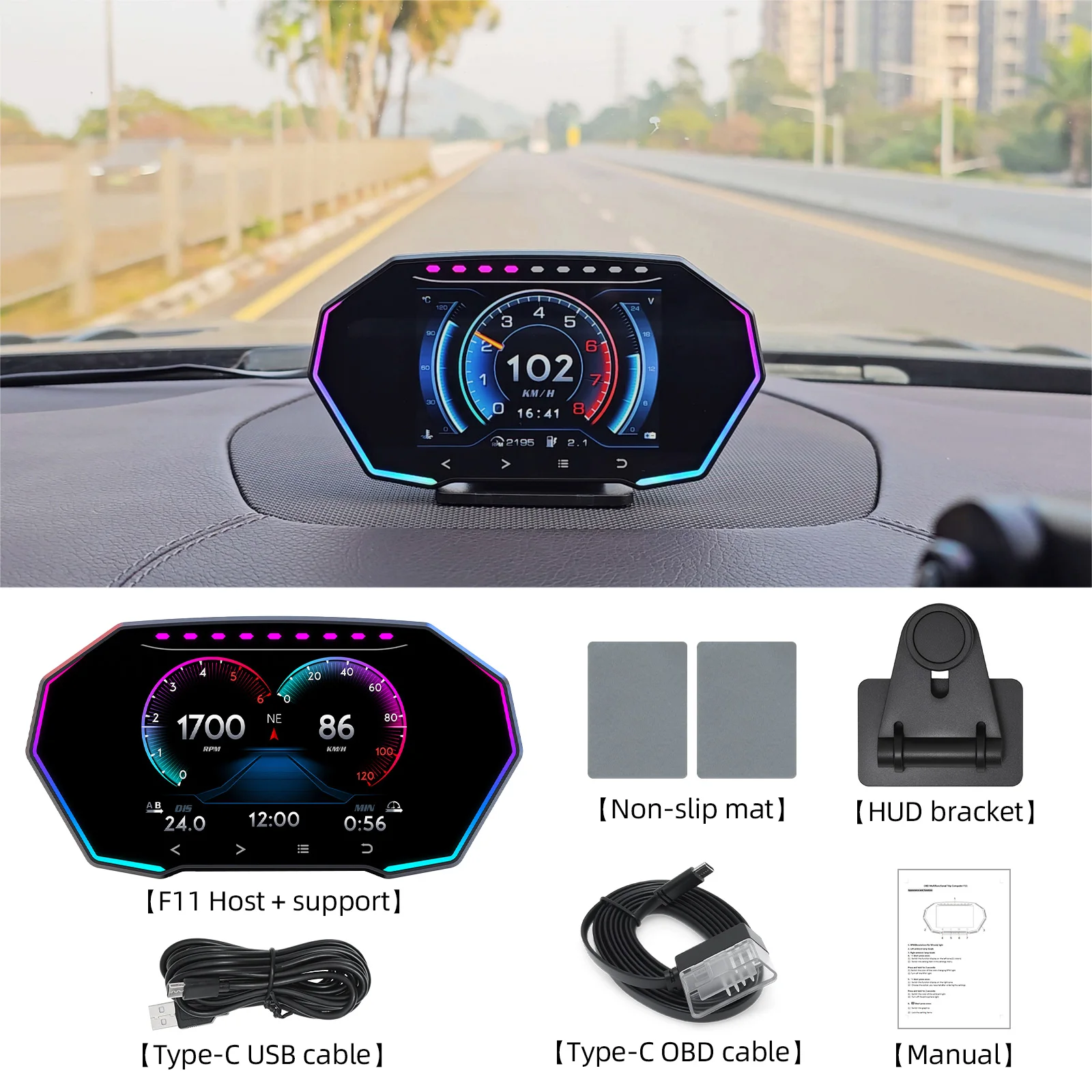 F11 Head Up Display OBD2+GPS Smart Gauge Car HUD Speedometer Turbo RPM Alarm for Car Truck