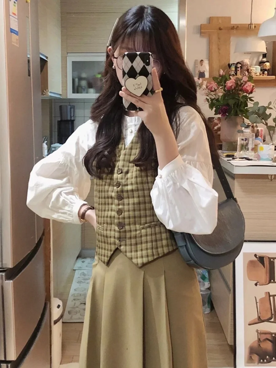 Retro Brytyjski Krój w Kratę, Garnitur z Dekoltem w Serek, Damska Wczesnojesienna Koreańska Odzież Wierzchnia, Warstwowa Kamizelka z Poduszkami na Ramiona