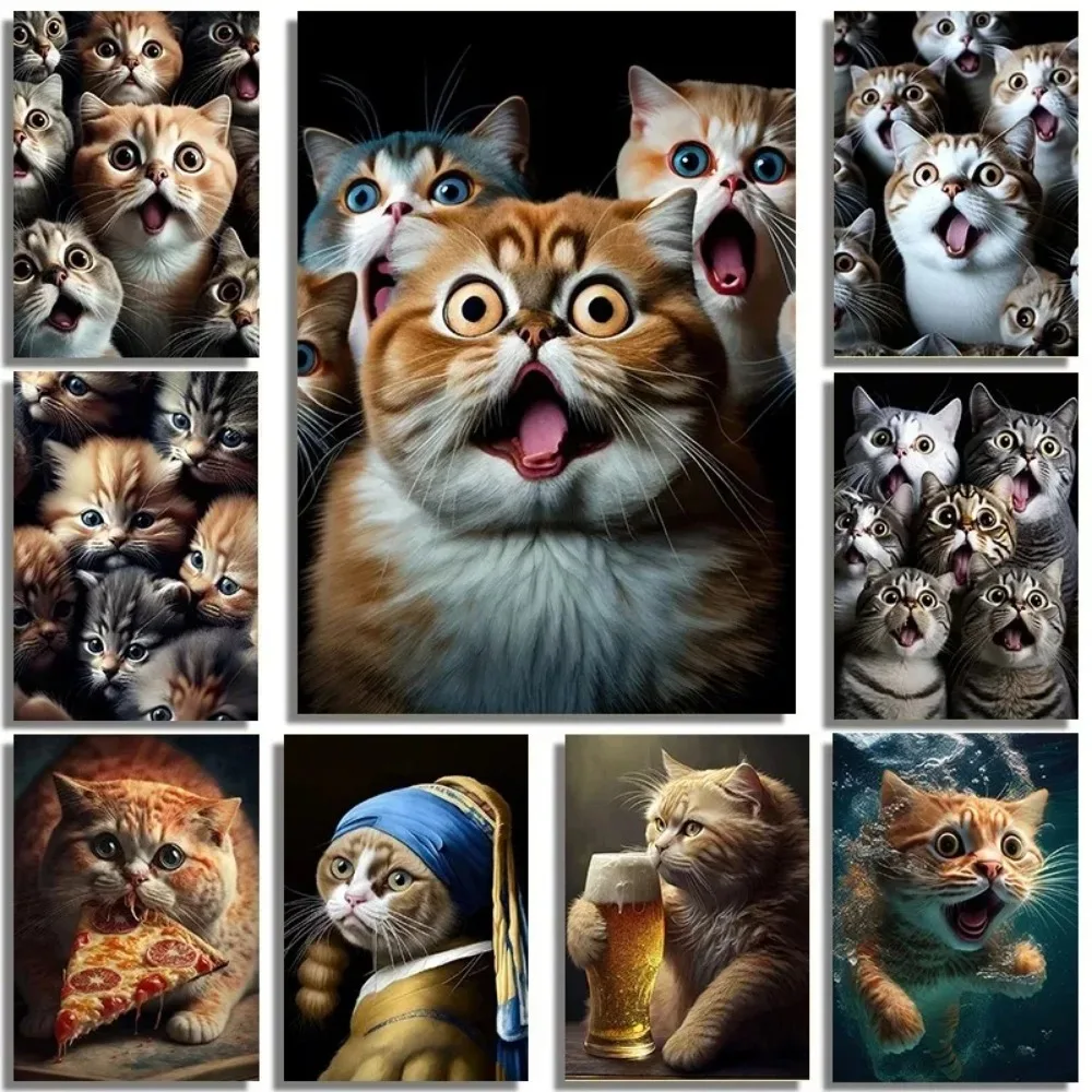 Funny Shocked Cat Posters Drinking  Beer Eating Pizza Prints Canvas Painting Wall Art Pictures for Kitchen Cafe Room Home Dec