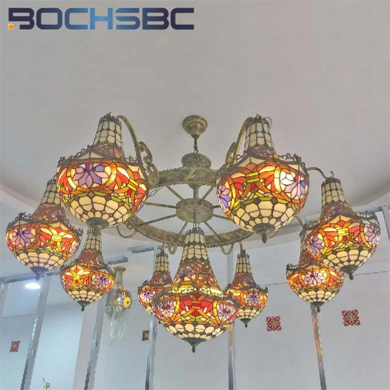 BOCHSBC Tiffany stained glass tulip pattern Baroque European chandelier Hotel Living room Bedroom light Restaurant Villa LEDdeco