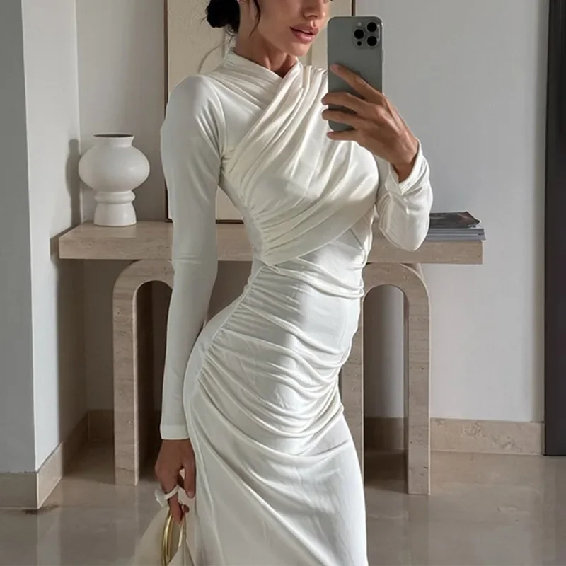 Talenza White V Neck See-through Long Dress Women Elegant Long Sleeve Slim Long Dress Female Fashion Party Dress Robe Outfits