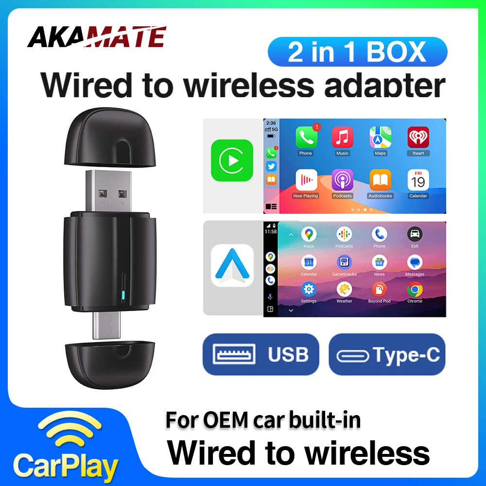 2in1 Wireless CarPlay Dongle Wired to Wireless Android Auto Car Radio Type-C USB Plug and Play for Audi Toyota VW Benz  for OEM