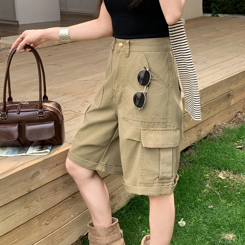 Women High Waist Multi Pocket Five Points Cargo Denim Bermuda Shorts 2026 Summer Loose Slim Daily Shorts
