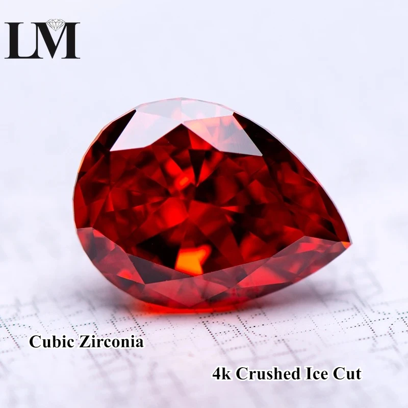 

High Carbon Diamond Cubic Zirconia Red Color Pear Shape 5A Grade 4k Crushed Ice Cut Lab CZ Stones DIY Jewelry Making Materials