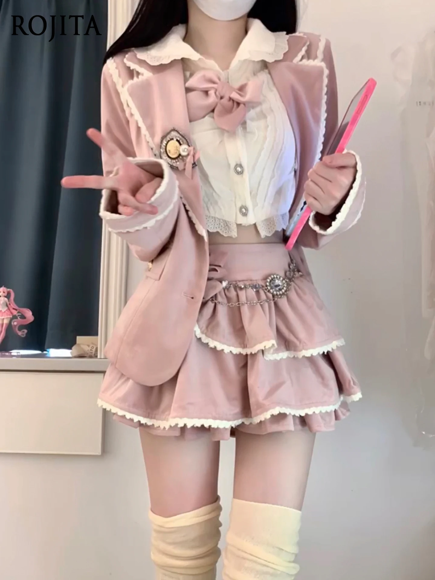 

Sweet Spicy Girl Комплект весенне-осеннего наряда Розовый блейзер и рубашка с короткими рукавами Короткая юбка Женский комплект из трех предметов