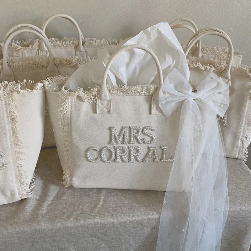 Niestandardowa spersonalizowana torba pani Tote Bag Bridal Shower przeznaczenie Ślub Bachelorette hen do Party Honeymoon Travel Bride to be Gift