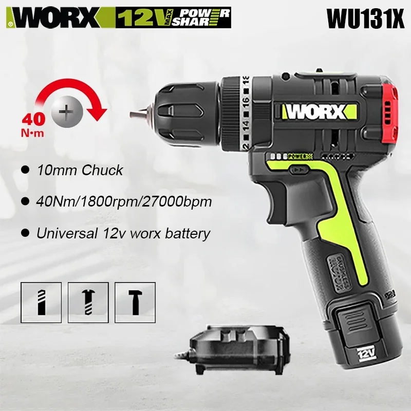 Worx WU131X Wireless Impact Drill Brushless 12v 1800rpm 40Nm 27000bpm BareTool or With One Battery and 1 Charger Share Platform