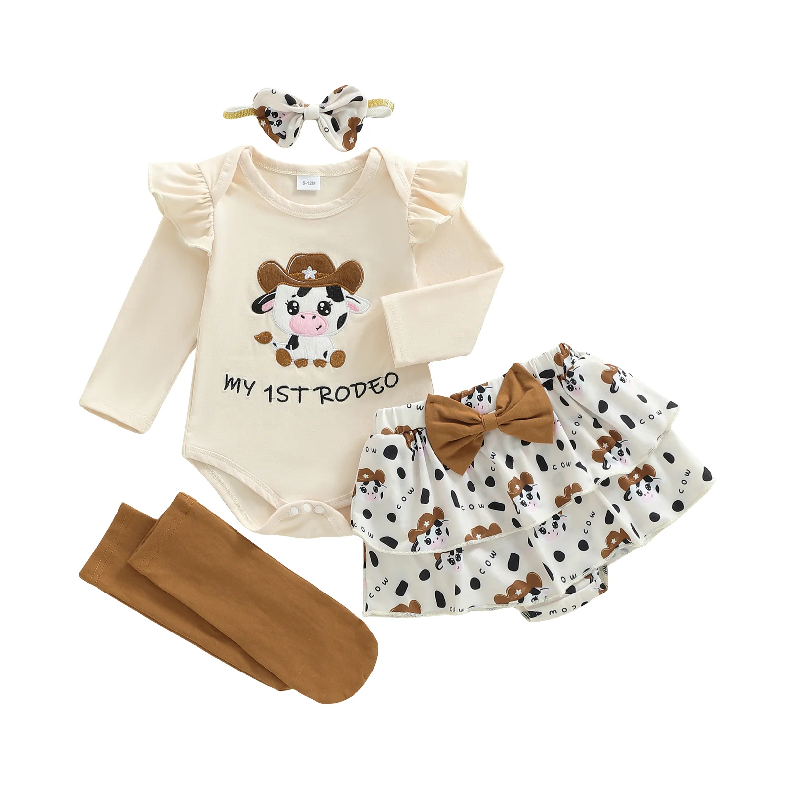 Baby Girl Outfits Cow Embroidery Long Sleeve Round Neck Romper Pattern Skirt Bow Headband Long Socks
