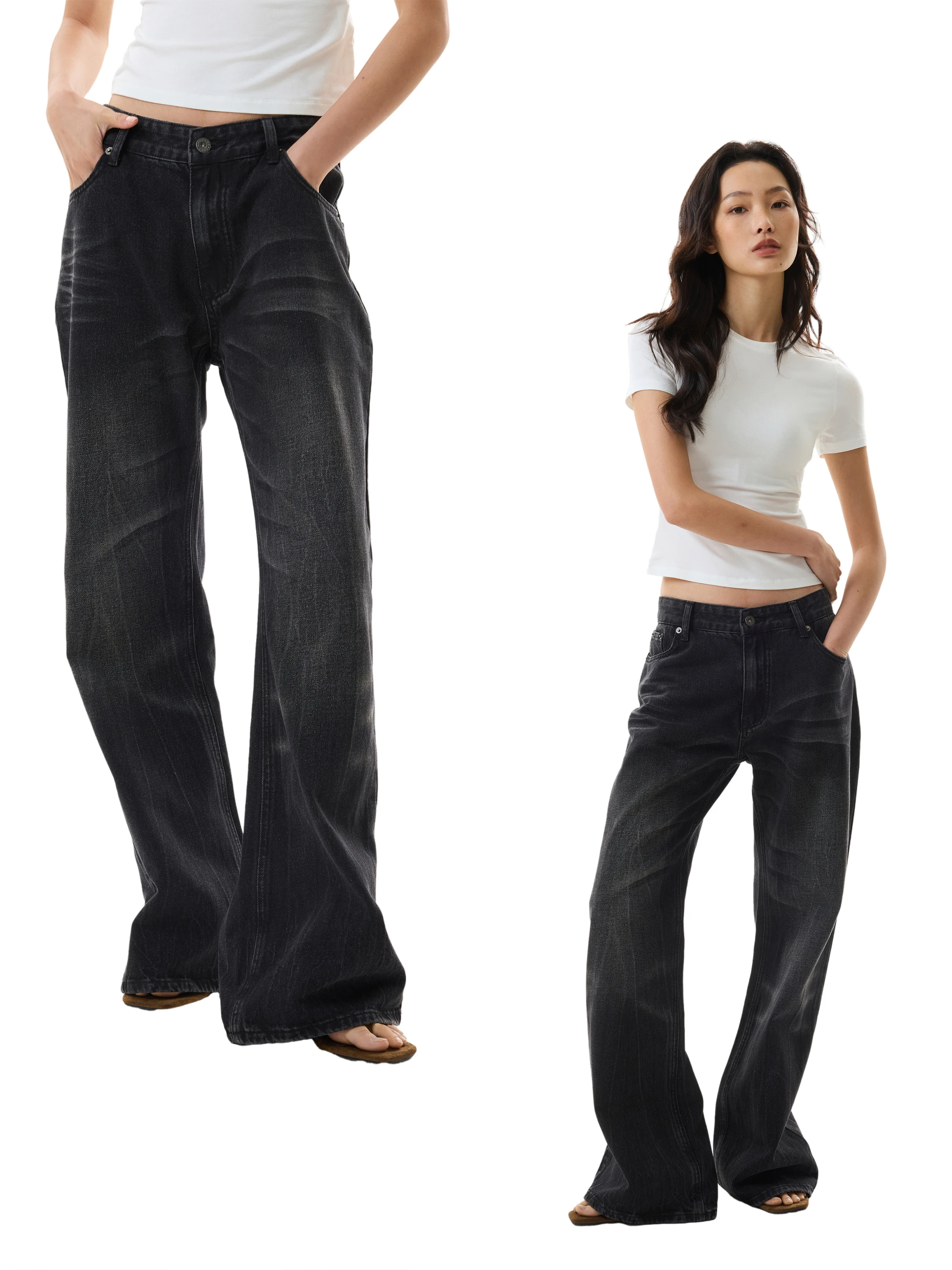 

GOGOBURN Vintage Distressed Low Waist Straight Leg Denim Jeans Women's Loose Wide Leg Long Trousers Summer Fashion Ladies
