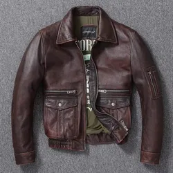 Men's Genuine Leather Jacket Vintage Stone Milled A2 Brown Men's Calfskin Motorcycle Jacket Top Layer Cowhide Bomber Jacket