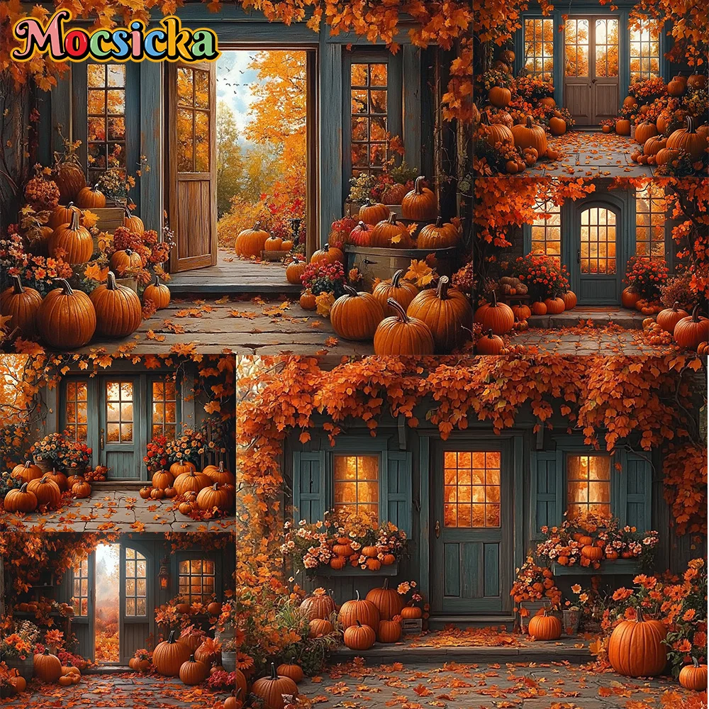 

Mocsicka Photography Backdrop Pumpkin Maple Leaf Flowers Decoration Kids Thanksgiving Day Portrait Backgrounds For Photographs