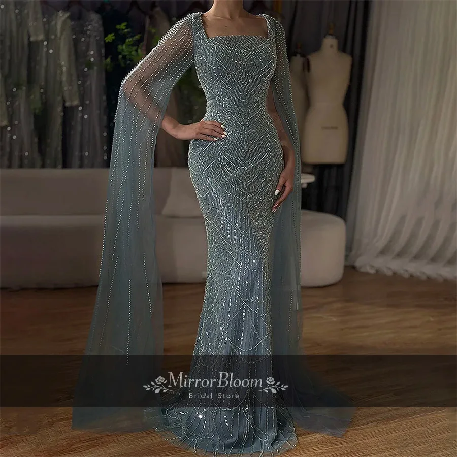 

Elegant Dusty Blue Muslim Evening Dress Beaded Square Neck Cape Sleeve Luxury Mermaid Lace Wedding Formal Prom Gown Customized
