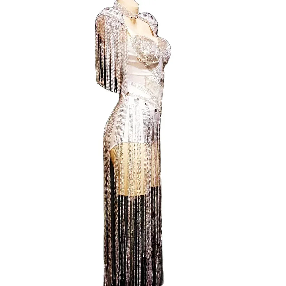 Body de luxe à franges en chaîne blanche scintillante pour femmes, tenue de Costume de danse Jazz pour spectacle de chanteur