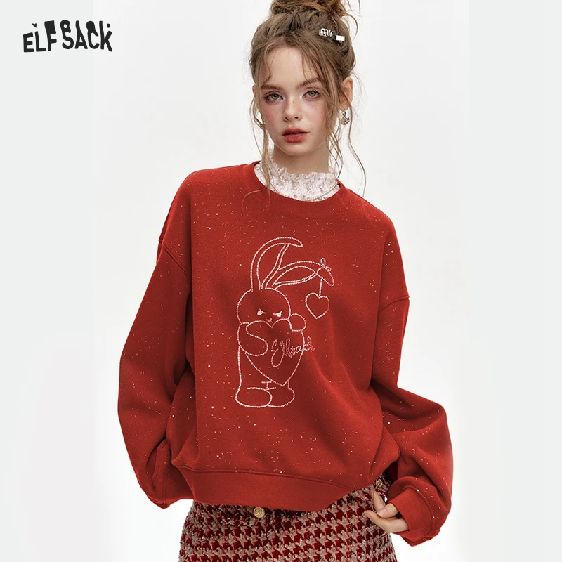 

ELFSACK 2024 Winter New Arrivals Round neck loose new year red plus velvet sweatshirt for women