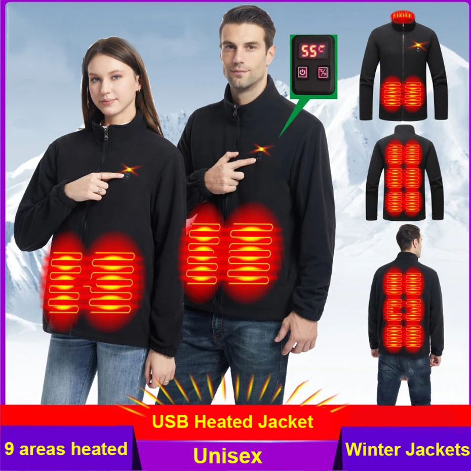USB Heating Jacket Men Winter Electric Heated Jackets Infrared 9 Heating Areas Jacket Fashion Casual Fleece Coat Male