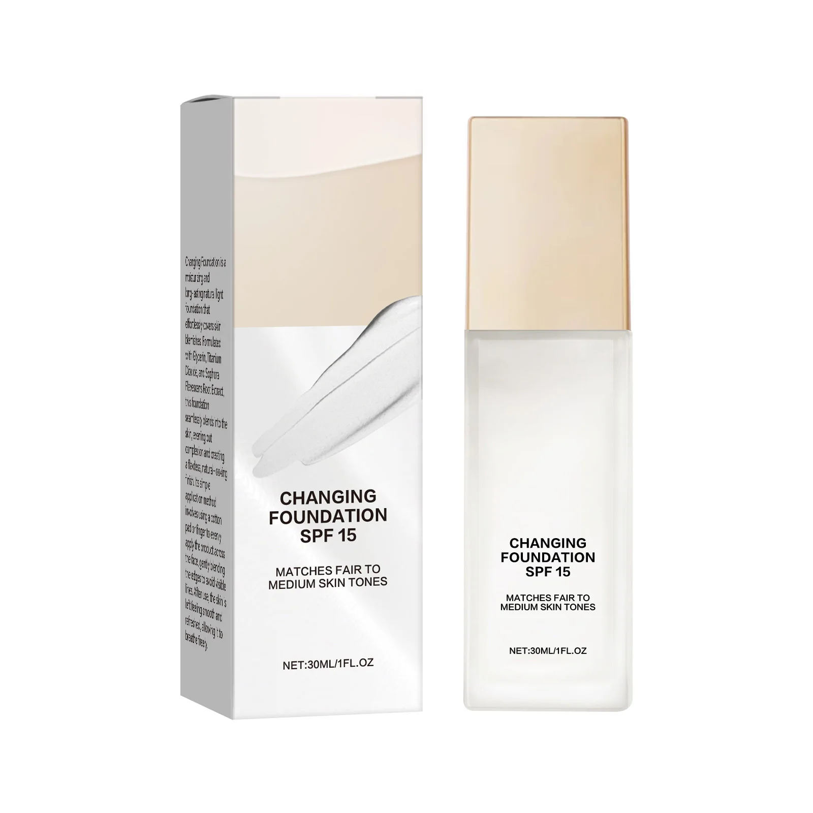 Hydraterende Kleur-Adapterende Foundation SPF 15 30ml - Natuurlijke dekking voor lichte tot medium huidtinten, lichtgewicht met hyaluronzuur.