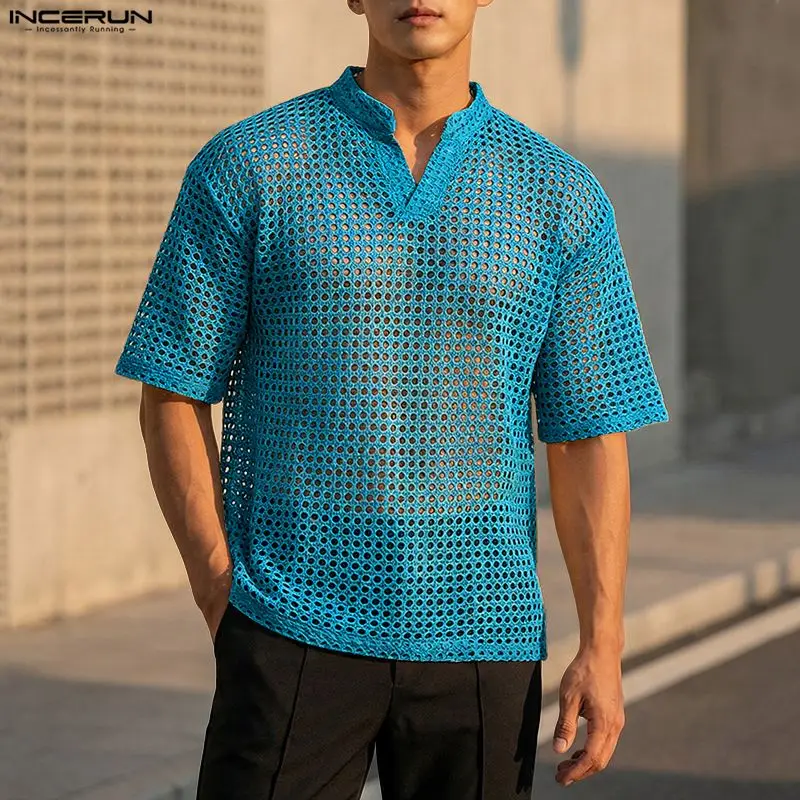 INCERUN Herren T-Shirt Einfarbig Ausgehöhlt Herrenbekleidung Camisetas V-Ausschnitt Kurzarm Streetwear Durchsichtig Locker Sitzende T-Shirts für Männer