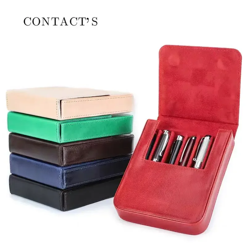 Retro Crazy Horse Cowhide Leather Colorful Pen Case 6-pack Handmade Magnetic Student Pen Storage Box Travel Portable