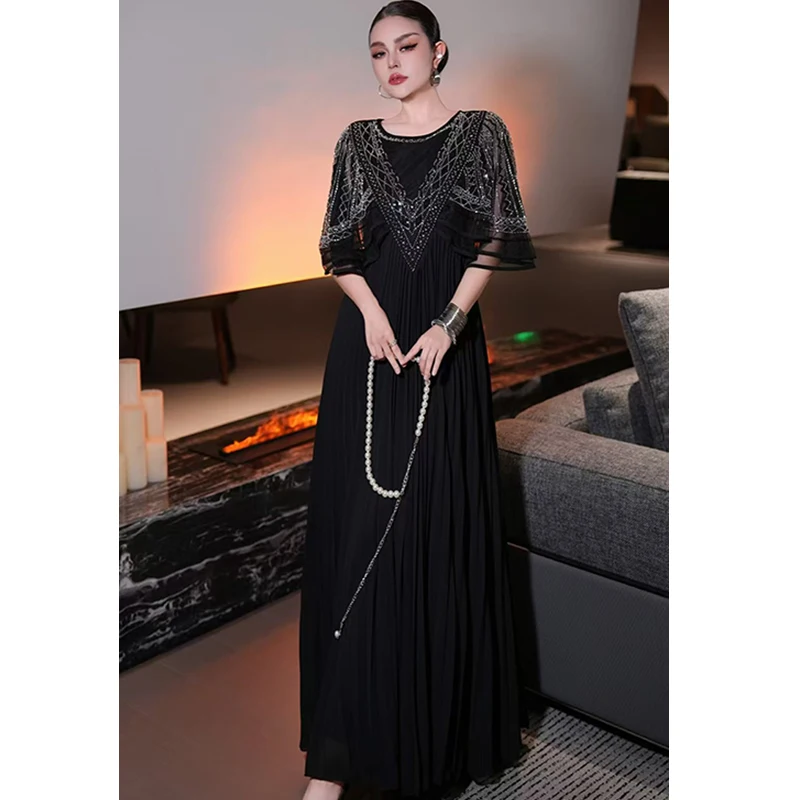 صيف جديد س الرقبة رائعة شبكة حبة التطريز + الخفافيش كم تصميم نوبل وأنيق مطوية كبيرة سوينغ المرأة فستان S-3XL #1