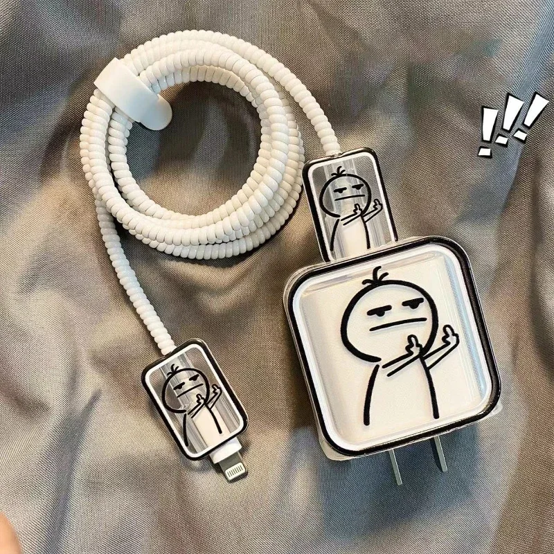 1 Set Creative Cute Case for IPhone 15 14 13 Pro Max 18/20W Charger Charging Protector Data Wire Winder Simple Line Art Cover