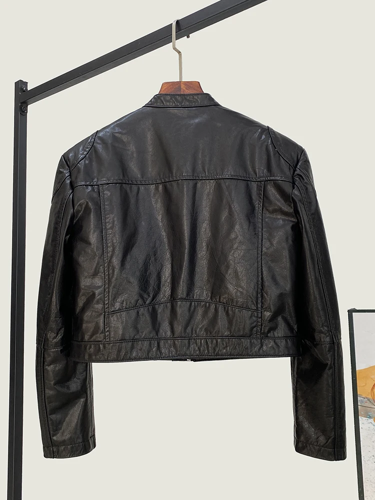 New Black Skeleton-Skin Stand Collar Jacket  High Quality Genuine Real Leather Women's All-Match Casual First Layer Sheep