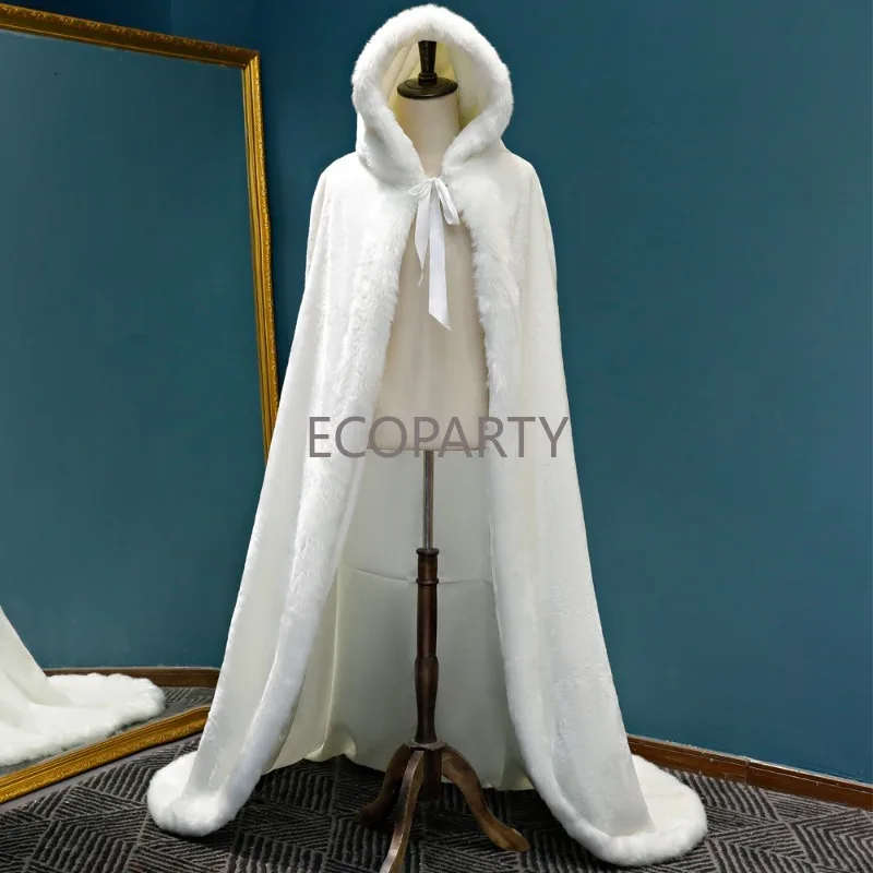 

Winter Long Warm Outerwear Wedding Cloak Floor Length Bride Shawl Faux Fur Cape Coat Adult White Fashion Elegant Bridal Wrap