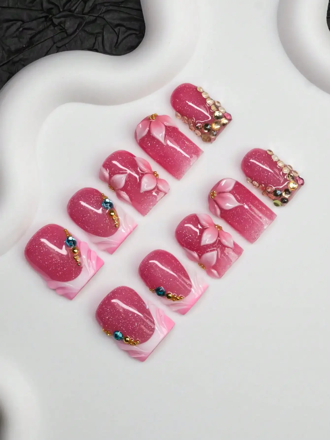 

10pcs/Set Handmade Square Nail Tips, Y2K Baddie Style, Nude, White, Pink, Red Colors With French Edge, Carved Patterns, Rhinesto