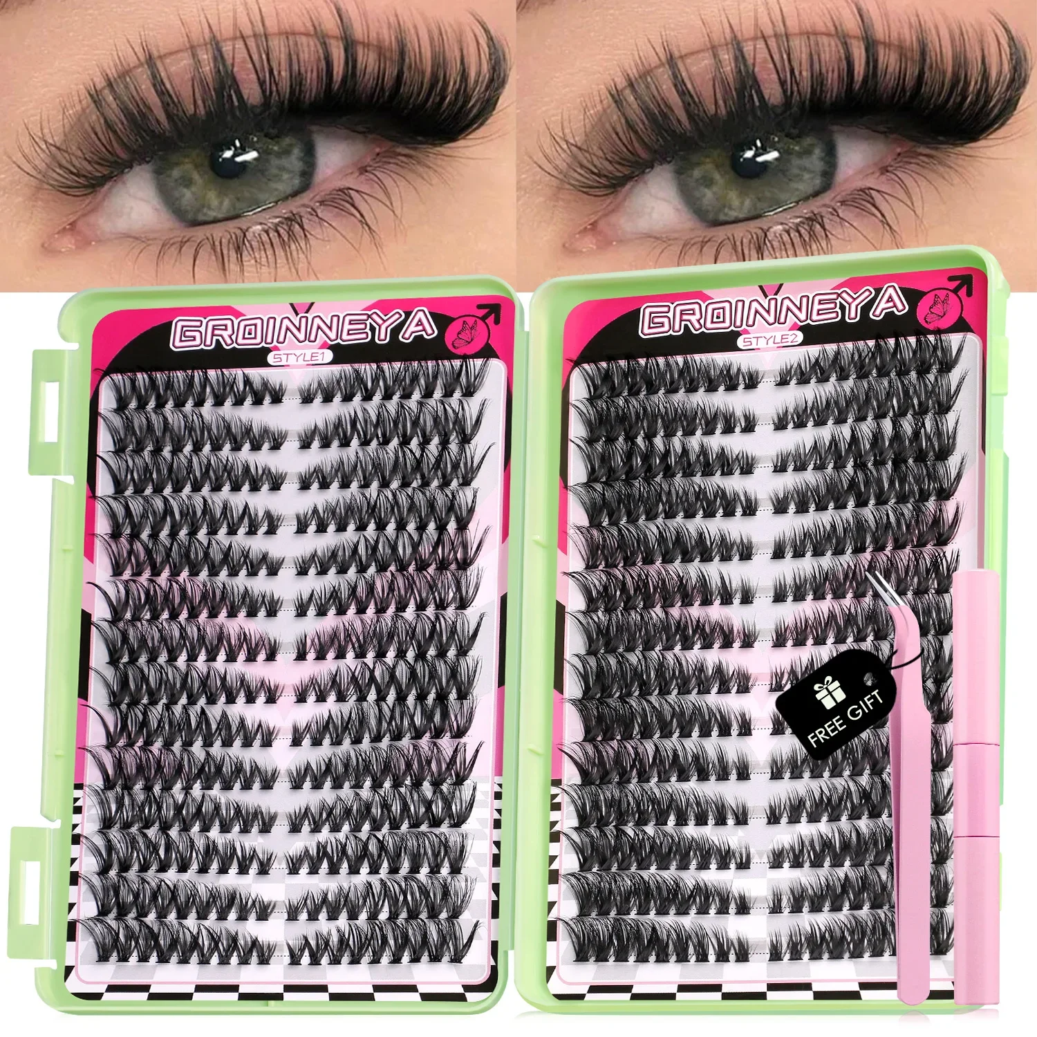 GROINNEYA مجموعة الرموش العنقودية مع لاش السندات وختم رموش القط طقم تمديد الرموش الفردية علبة مختلطة لتقوم بها بنفسك جلدة ماكياج