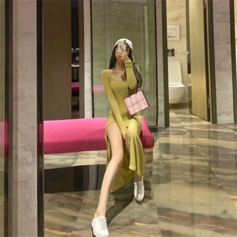 

Solid Maxi Dress Women Fashion Sexy Slim Round Neck Slit Dress Korean Elegant Bodycon Vestidos Para Mujer Y2k New Party Robe 원피스
