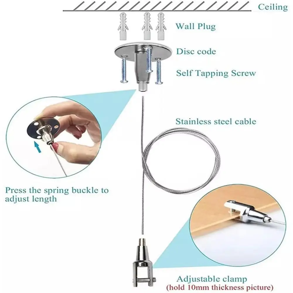 1Pcs 1.5mm Wire Rope Suspension Kit Stainless Steel Clip Code Steel Wire Cable Set Load Bearing Adjustable Spring Hook