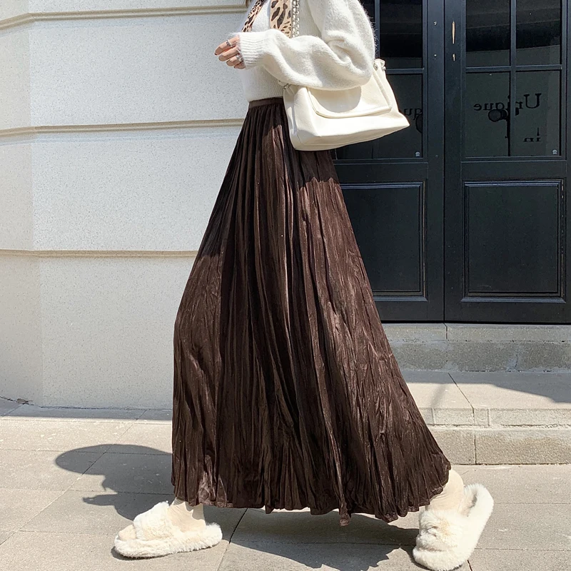 

2025 Women's Spring New Trendy Loose Casual Pleated Long Skirts Female High Waist Wrinkles Elegant Beach Vacation Skirts