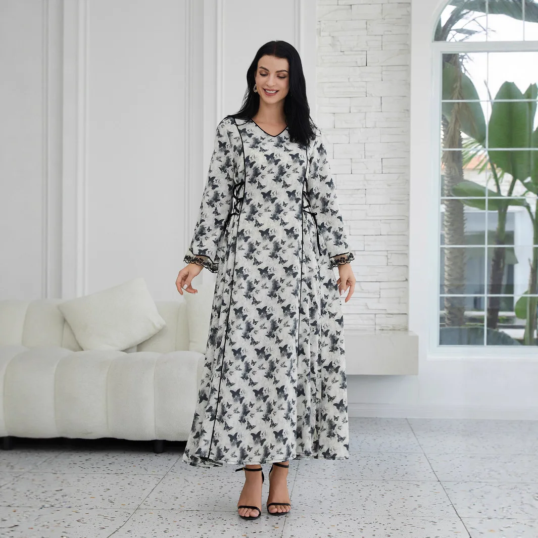

Women's Black White Printed Loose Casual Trendy Simple V-neck Long Sleeve Ankle Length Plus Size Dresses Abaya Muslim Clothes