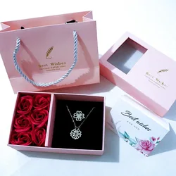 2023 Lucky Four-leaf Clover Necklace And Ring With Rose Flower Best Wish Gift Box