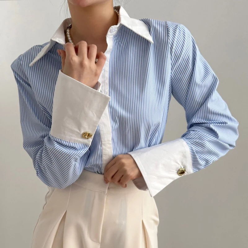 BGTEEVER Casual Long Sleeve Loose Women Striped Shirts Tops Spring Summer Lapel Single-breasted Patchwork Blouses Female