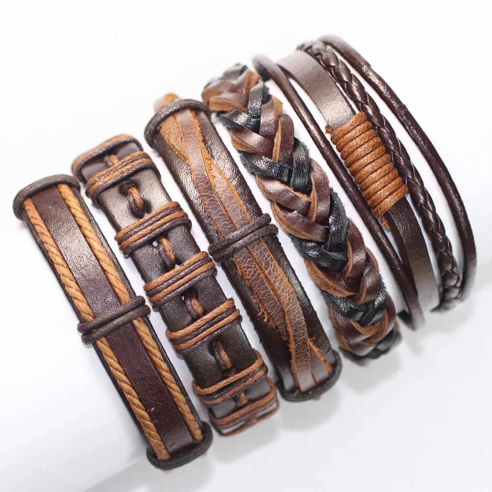 Wholesale 5Pcs/lot Fashion Leather Bracelet Men Multilayer Braid Bracelets & Bangles Wrap Bracelet Women Punk Casual Men Jewelry
