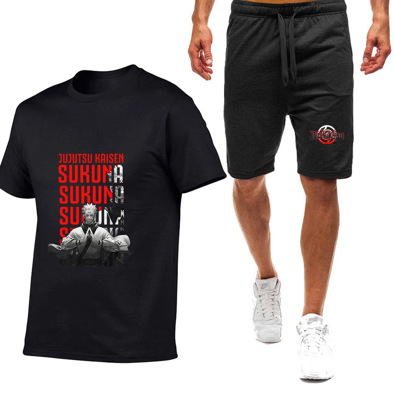 

2025 Summer Man's Jujutsu Kaisen Anime Itadori Yuji Logo Print Lightweight Breathable Slim-fit Casual T-shirt Pants Suits